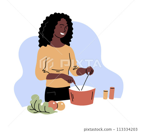 A young woman prepares a homemade dinner A young woman prepares a homemade dinner 113334203
