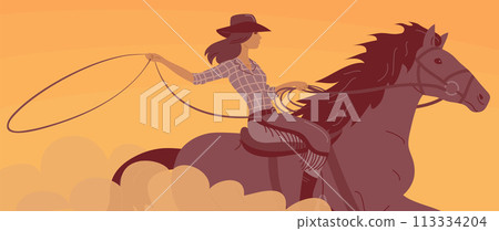 Beautiful cowboy girl in a hat rides a horse Beautiful cowboy girl in a hat rides a horse 113334204