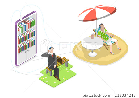 3D Isometric Flat  Conceptual Illustration of Audio Books 113334213