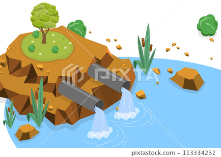 3D Isometric Flat  Conceptual Illustration of Wastewater Pollution 113334232