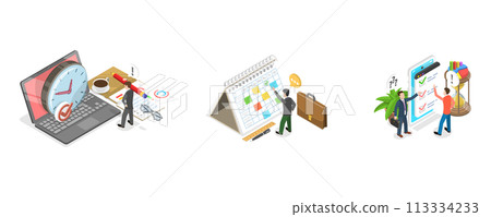 3D Isometric Flat  Conceptual Illustration of Time Management 113334233