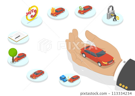 3D Isometric Flat  Conceptual Illustration of Car Insurance Policy 113334234