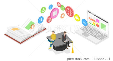 3D Isometric Flat Conceptual Illustration of E-learning 3D Isometric Flat Conceptual Illustration of E-learning 113334291