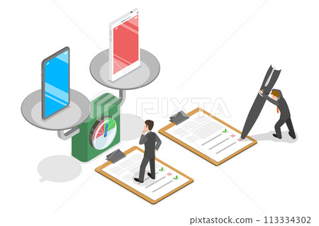 3D Isometric Flat  Conceptual Illustration of Smartphone Comparison 113334302