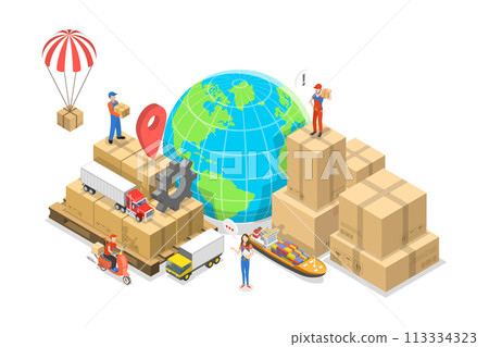 3D Isometric Flat  Conceptual Illustration of Global Shipping 113334323