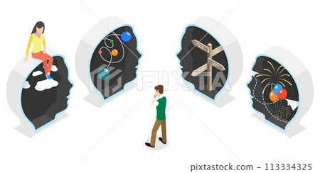 3D Isometric Flat  Conceptual Illustration of Diversity Of Human Minds 113334325