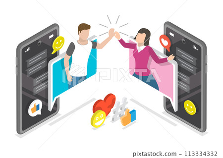 3D Isometric Flat  Conceptual Illustration of Mobile Live Chat 113334332