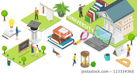 3D Isometric Flat Conceptual Illustration of University Campus 3D Isometric Flat Conceptual Illustration of University Campus 113334368