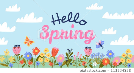 Blooming spring season poster. Beautiful flowers, flying butterfly, waking up to nature, warm sunny time, pretty landscape, cute clouds, horizontal web banner, cute doodle tidy vector concept Blooming spring season poster. Beautiful flowers, flying butterfly, waking up to nature, warm sunny time, pretty landscape, cute clouds, horizontal web banner, cute doodle tidy vector concept 113334538