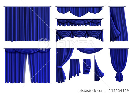 Blue curtain. Theatre and cinema stage decoration. Different textile drapery. Silk or velvet texture. Luxury home window interior. Hanging cloth vintage. Realistic isolated elements. Vector set 113334539