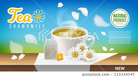 Chamomile tea poster. Herbal beverage advertising banner design. Realistic 3d meadow daisy flower, cup with hot drink and teabag on table. Aromatic fresh medical herb. Vector concept Chamomile tea poster. Herbal beverage advertising banner design. Realistic 3d meadow daisy flower, cup with hot drink and teabag on table. Aromatic fresh medical herb. Vector concept 113334545