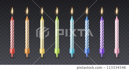 Color birthday candles. Realistic isolated elements. Celebration cake and cupcake decor. Striped rainbow colors paraffin object, candlelight flame. Party invitation decoration. Vector set Color birthday candles. Realistic isolated elements. Celebration cake and cupcake decor. Striped rainbow colors paraffin object, candlelight flame. Party invitation decoration. Vector set 113334546