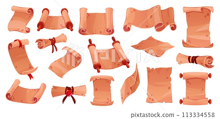 Old papyrus scrolls. Ancient parchments and manuscripts in different positions, vintage paper, sealing wax seals, red ribbons, antique document with curled pages, tidy vector cartoon set 113334558