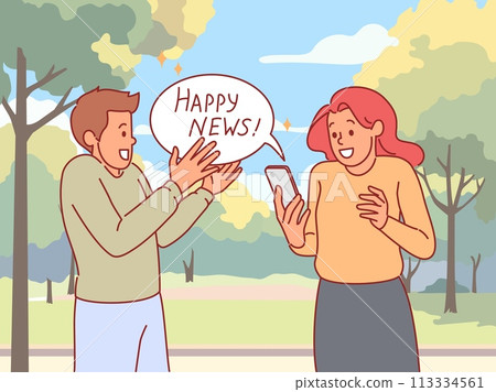 People getting good news. Couple rejoices, pleasant surprise, positive information from phone, joyful emotions, multimedia, social media content, friends in park, vector cartoon isolated concept 113334561