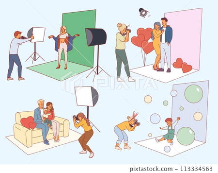 Professional photographers shooting people. Photo studio with equipment, frames for memory, lighting devices. Different models pose, family and fashion photography cartoon flat vector set 113334563
