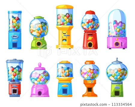 Retro gumballs vending machines. Glass candies dispensers different shapes, color round bubble gums, full capsules with sweets, sweet food, retro robot. Vector isolated cartoon set Retro gumballs vending machines. Glass candies dispensers different shapes, color round bubble gums, full capsules with sweets, sweet food, retro robot. Vector isolated cartoon set 113334564
