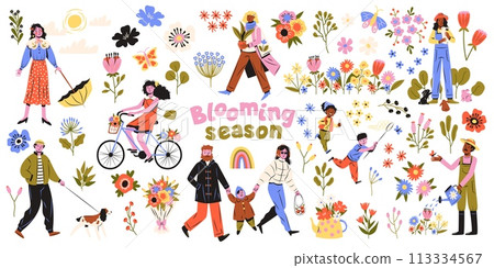 Spring people. Flowering of nature, happy children and adults enjoy good weather, positive attitude, blooming season. Love couple and family cartoon flat style isolated tidy vector set 113334567