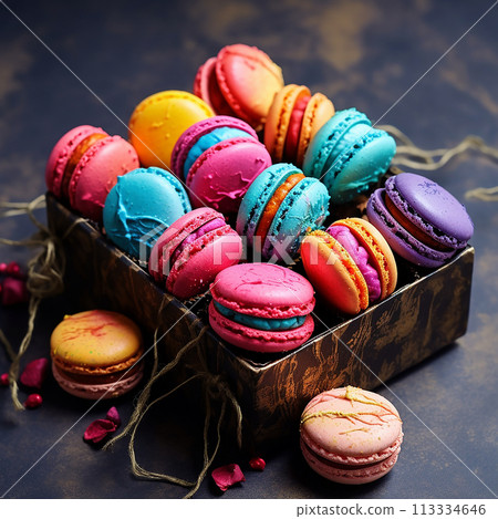 Colorful macarons in a box, sprinkles scattered around. Colorful macarons in a box, sprinkles scattered around. 113334646
