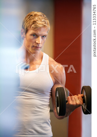 Man, dumbbells and gym portrait for fitness, health and muscle development for wellness, strong arms and pride. Guy, bodybuilder or person with training process, weightlifting and transformation Man, dumbbells and gym portrait for fitness, health and muscle development for wellness, strong arms and pride. Guy, bodybuilder or person with training process, weightlifting and transformation 113334765