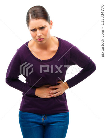 Stress, anxiety and woman with stomach pain in studio for gas, constipation or pms crisis on white background. Menstruation, cramps or female model with gut health problem, virus or endometriosis Stress, anxiety and woman with stomach pain in studio for gas, constipation or pms crisis on white background. Menstruation, cramps or female model with gut health problem, virus or endometriosis 113334770