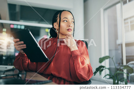Office, tablet and thinking business woman planning, brainstorming and working on ideas, research or project. App designer, problem solving and professional person wonder about development plan 113334777