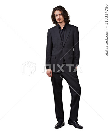 Fashion suit, thinking and studio man planning outfit choice, formal attire or decision for fancy, elegant or classy apparel. Smart clothes, mockup space or stylish model isolated on white background Fashion suit, thinking and studio man planning outfit choice, formal attire or decision for fancy, elegant or classy apparel. Smart clothes, mockup space or stylish model isolated on white background 113334780