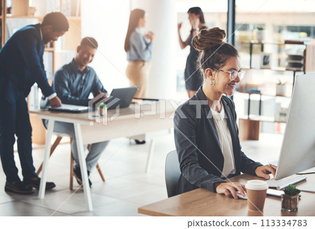 Computer, office and business woman typing email, report or working on project in workplace. Technology, corporate and happy female employee on desktop pc writing research or planning strategy online Computer, office and business woman typing email, report or working on project in workplace. Technology, corporate and happy female employee on desktop pc writing research or planning strategy online 113334783