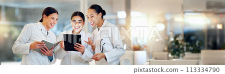 Scientist, teamwork and tablet for planning research, medical feedback and results or internship group training. Students, doctors or science women with digital technology, notebook and collaboration 113334790