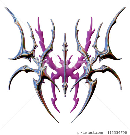 Neo tribal 3D shape, y2k acid gothic chrome ornament, abstract dark silver glossy symmetry form. Neo tribal 3D shape, y2k acid gothic chrome ornament, abstract dark silver glossy symmetry form. 113334796
