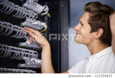 Server room, confused man and check cables with thinking for connectivity, night and hardware. Cybersecurity system, it network and technician for glitch, data center and problem solving for error 113334815