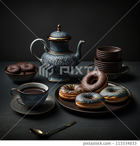 Chocolate donut with sprinkles on a reflective surface. Chocolate donut with sprinkles on a reflective surface. 113334833