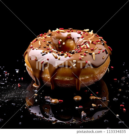 Chocolate donut with sprinkles on a reflective surface. Chocolate donut with sprinkles on a reflective surface. 113334835