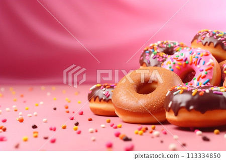 Colorful donuts with sprinkles on a pink background Colorful donuts with sprinkles on a pink background 113334850