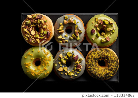 Assorted frosted donuts with sprinkles and pistachio 113334862