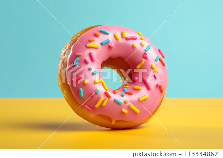 Pink donut with sprinkles on blue and yellow background 113334867