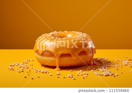 Caramel donut with sprinkles on blue and yellow background 113334868