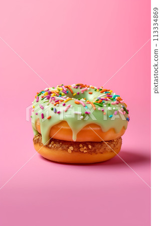 green donut with sprinkles on pink background 113334869