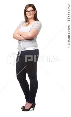 Fashion, portrait and woman with body positivity, smile and glasses isolated on white background. Cool style, happiness and confident plus size model with arms crossed, pride and inclusion in studio. Fashion, portrait and woman with body positivity, smile and glasses isolated on white background. Cool style, happiness and confident plus size model with arms crossed, pride and inclusion in studio. 113334898