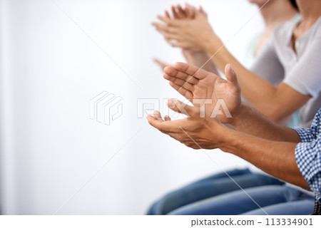 Business meeting, hands and people with applause in support of conference, success or motivation zoom. Clapping, audience and closeup of crowd with praise for thank you, congratulations or welcome Business meeting, hands and people with applause in support of conference, success or motivation zoom. Clapping, audience and closeup of crowd with praise for thank you, congratulations or welcome 113334901