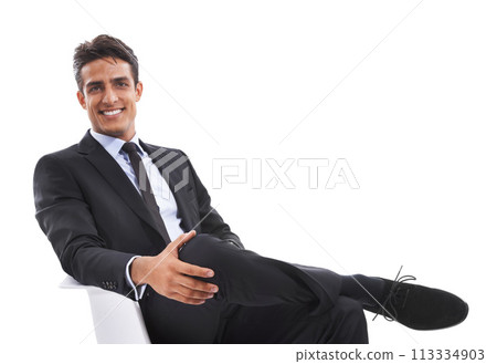 Businessman, chair and relaxing in portrait, studio and smiling for career pride by white background. Male professional, face and happy for job opportunity, entrepreneur and confident for startup Businessman, chair and relaxing in portrait, studio and smiling for career pride by white background. Male professional, face and happy for job opportunity, entrepreneur and confident for startup 113334903