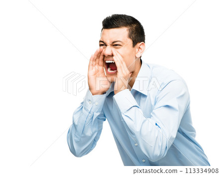 Can you hear me now. a young businessman shouting against a studio background. Can you hear me now. a young businessman shouting against a studio background. 113334908