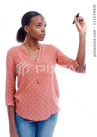 Pen, black woman and hand for presentation, writing and promotion isolated on white background. Female person, lady and teacher with gesture for display, show and notes for connection in studio 113334926