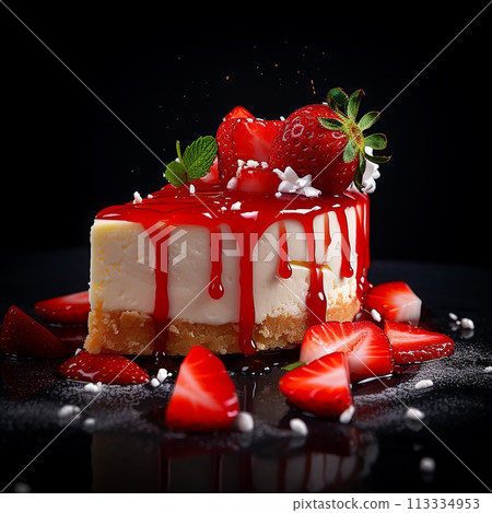 Decadent cheesecake topped with luscious strawberries and red syrup against a dark background. Decadent cheesecake topped with luscious strawberries and red syrup against a dark background. 113334953