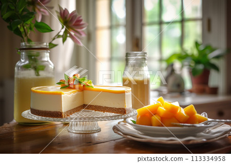 lemon cheesecakes on a dark background 113334958