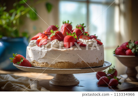 Strawberry cheesecakes on a dark background 113334966