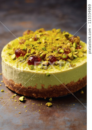 pistachio cheesecakes on a dark background 113334969