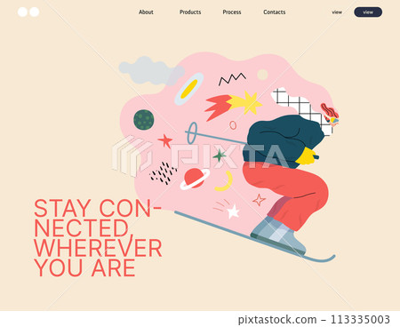Life Unframed: Cosmic skier -modern flat vector concept illustration of a man skiing in the space. Metaphor of unpredictability, imagination, whimsy, cycle of existence, play, growth and discovery 113335003