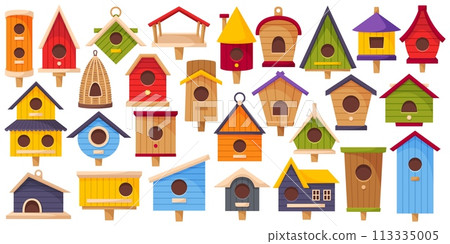 Bird houses. Color wooden birdhouses. Handmade craft feeders. Different nesting box with hole. Various roofs and entrances. Starling homes. Animal shelter buildings. Recent vector set 113335005