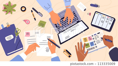 Business hands write and work with laptop. People in office draw up and sign documents. Desktop view from above. Employees planning job. Businessman workplace. Garish vector concept Business hands write and work with laptop. People in office draw up and sign documents. Desktop view from above. Employees planning job. Businessman workplace. Garish vector concept 113335009