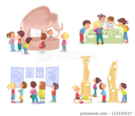 Cartoon children in museum. Kids view exhibits. Curious boys and girls in art gallery. Natural science exposition. Archeology exhibition. Educational excursion. Splendid vector set 113335017